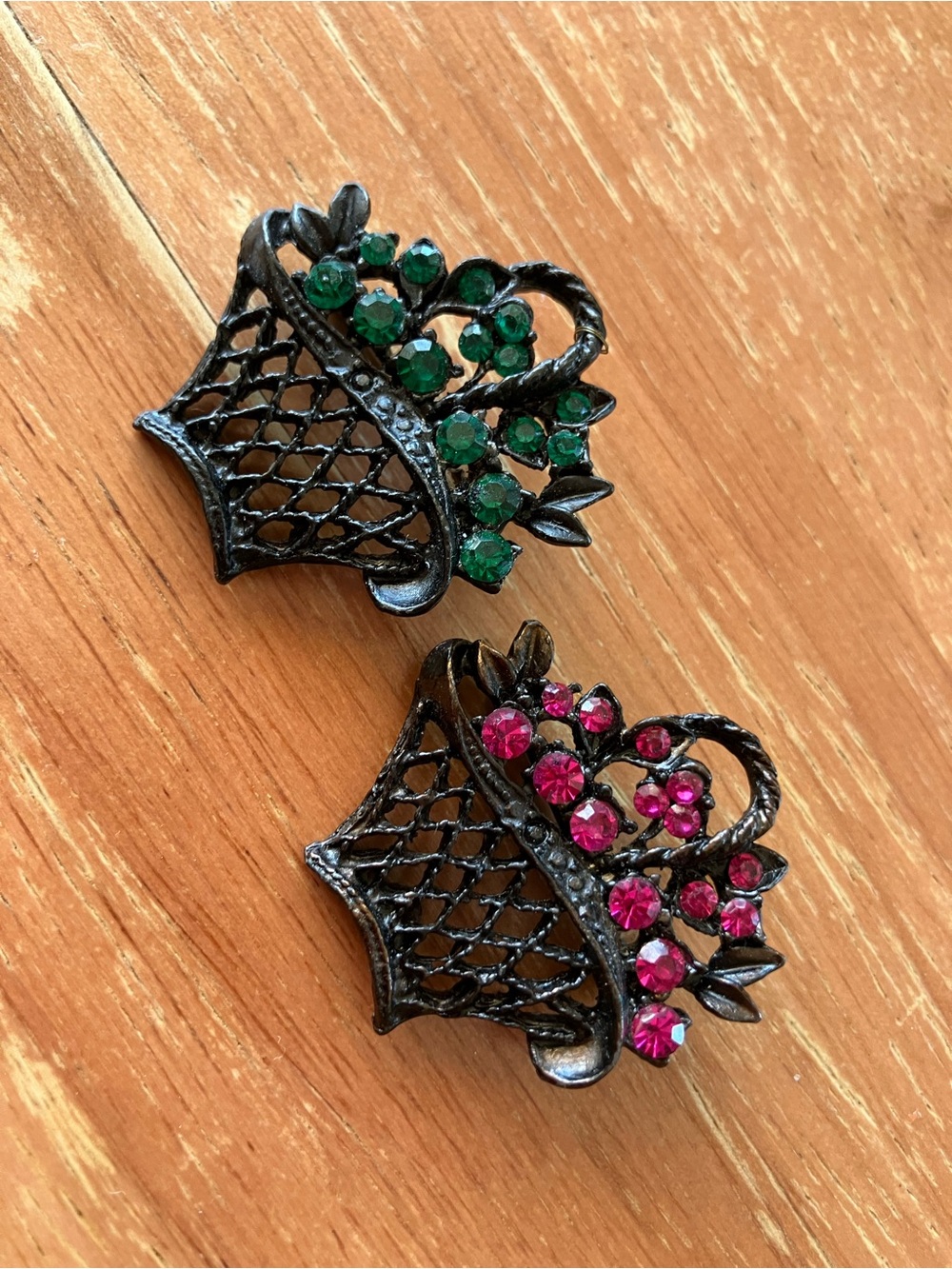 Vintage-Inspired Black Metal Basket Brooches with Green and Pink Crystals